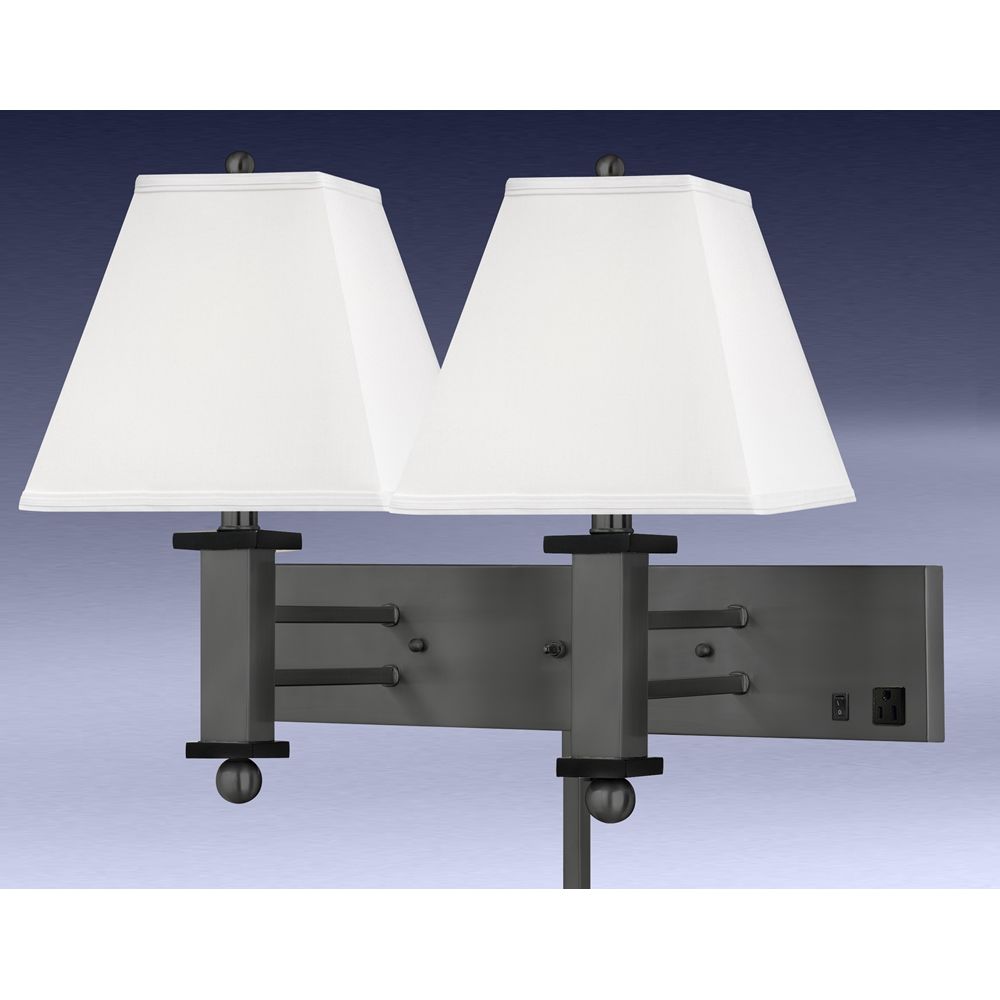 Double Wall Lamp, 18" H, 4.5" x 22" Backplate, 2 Outlets, Hardwired, Gunmetal w/ Black Accents